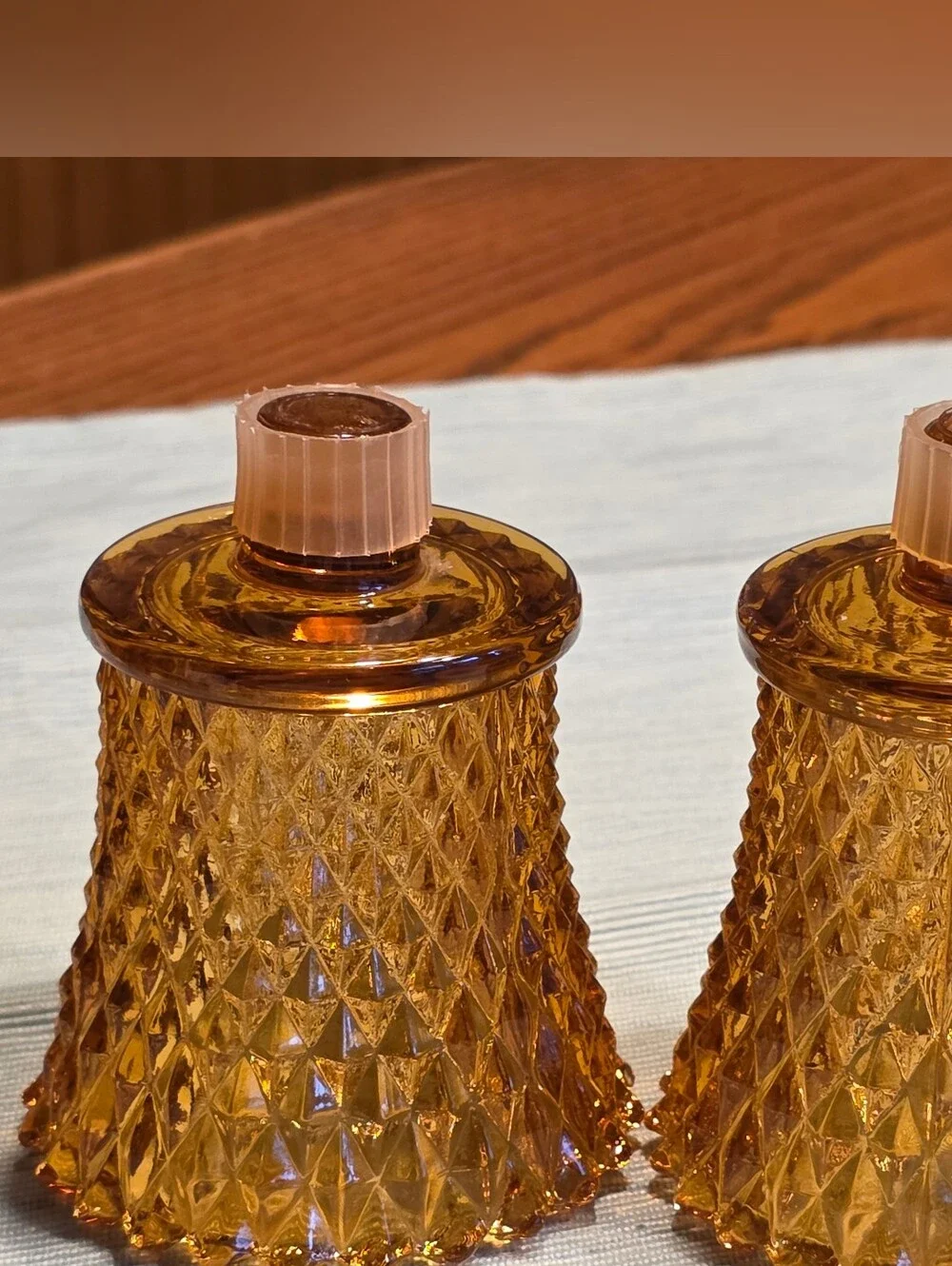VTG MCM Amber Glass Diamond Point Peg Candle Cups Set Of 2